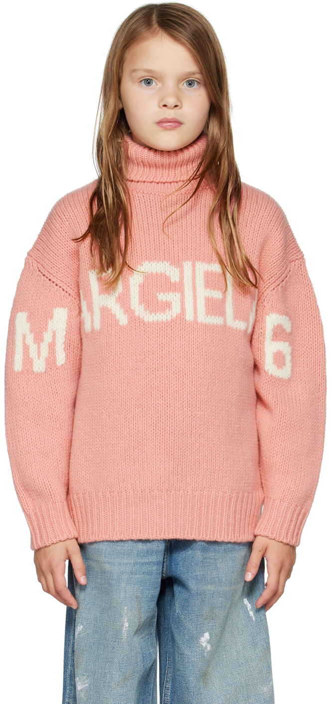 Mm6 Maison Margiela Kids Pink Intarsia Turtleneck In M6302 Peach Pink
