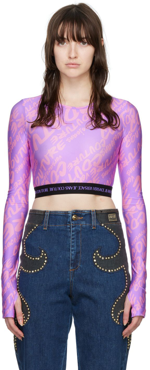 Save 22% Womens Tops Versace Jeans Couture Tops Versace Jeans Couture Synthetic Logo Brush Couture Print Viscose Shirt in Purple 