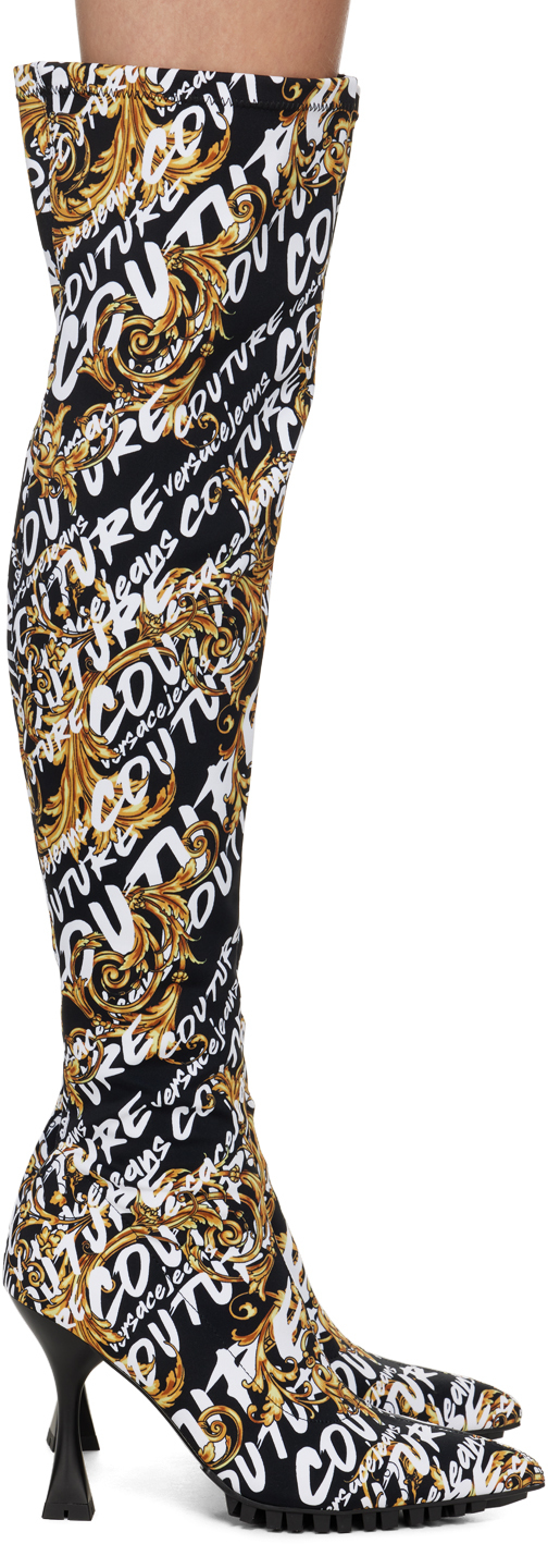 Versace Jeans Couture 110mm Logo-print Thigh-length Boots In Schwarz