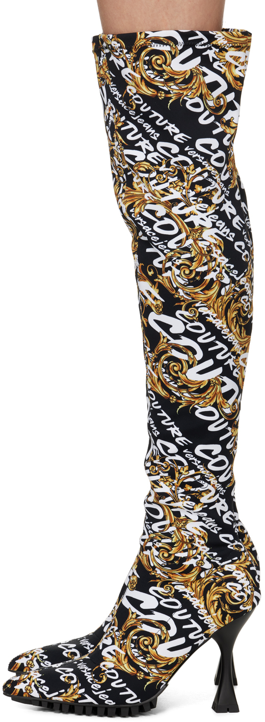 Versace Jeans Couture 110mm Logo-print Thigh-length Boots In Eg89 899 + 948