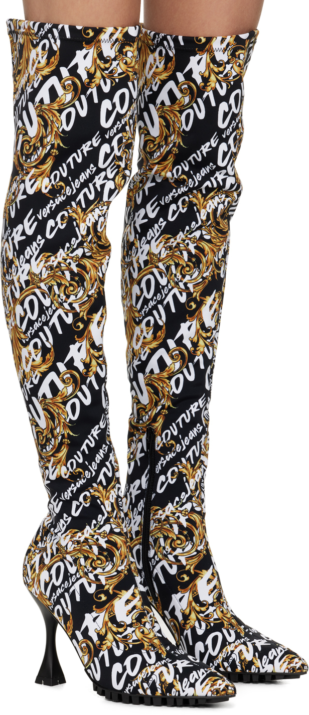 Versace Jeans Couture 110mm Logo-print Thigh-length Boots In Eg89 899 + 948
