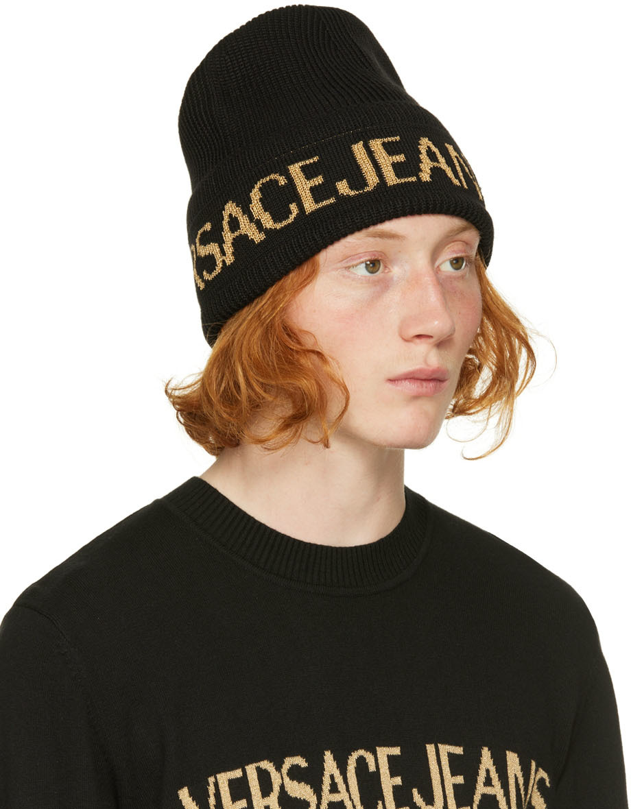 VERSACE JEANS COUTURE BLACK & GOLD LOGO BEANIE 