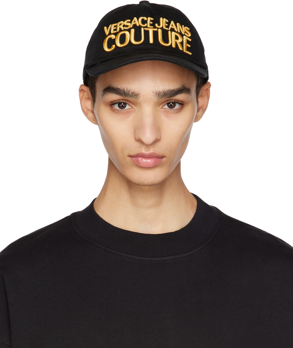Shop Versace Jeans Couture Black Embroidered Cap In Eg89 Black/gold