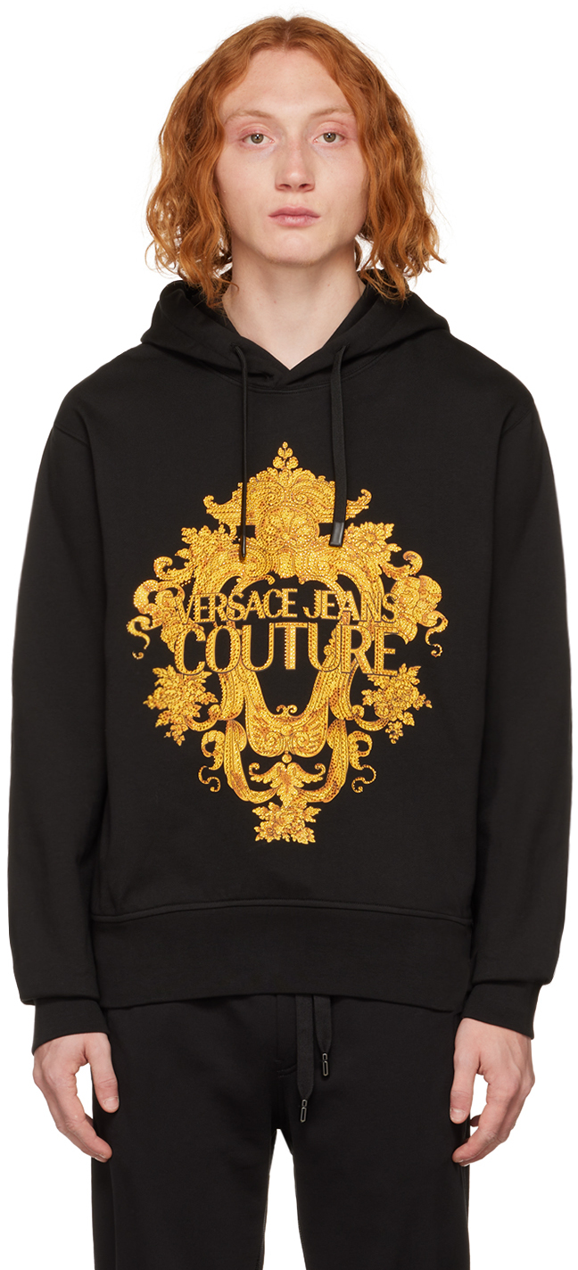 Shop Versace Jeans Couture Black Embellished Hoodie In Eg89 Black/gold