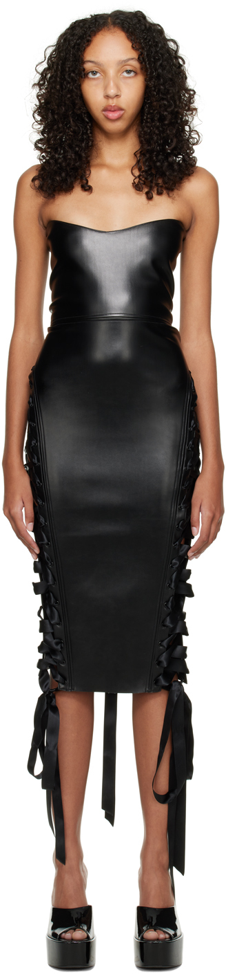 Sia Arnika Black Lace Up Faux-Leather Midi Dress