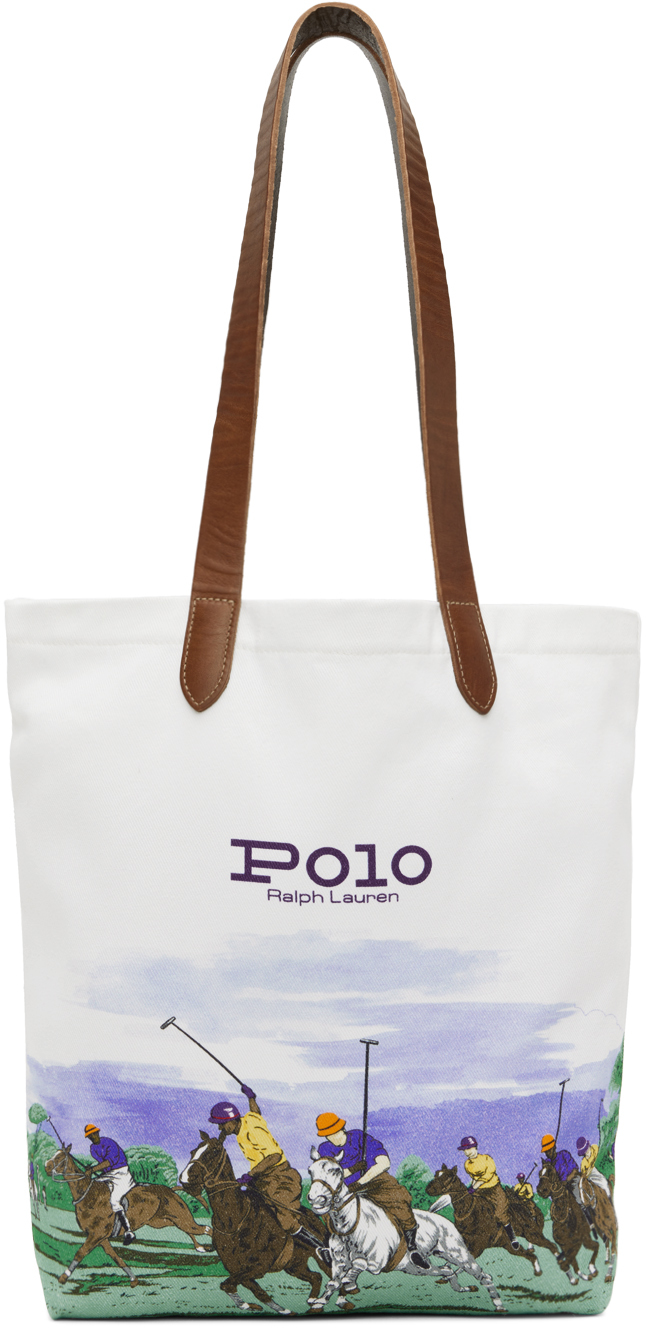 Polo Ralph Lauren: White Equestrian-Print Shopper Tote Bag | SSENSE