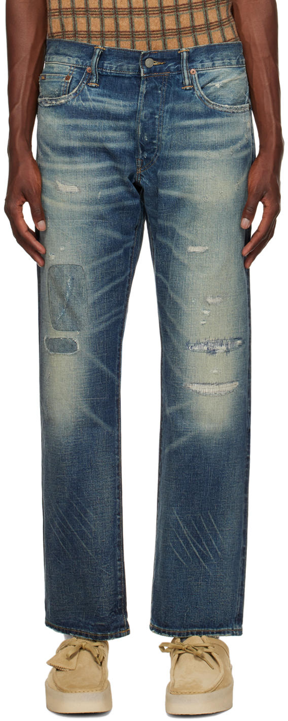 Blue Classic Fit Distressed Selvedge Jeans by Polo Ralph Lauren on Sale