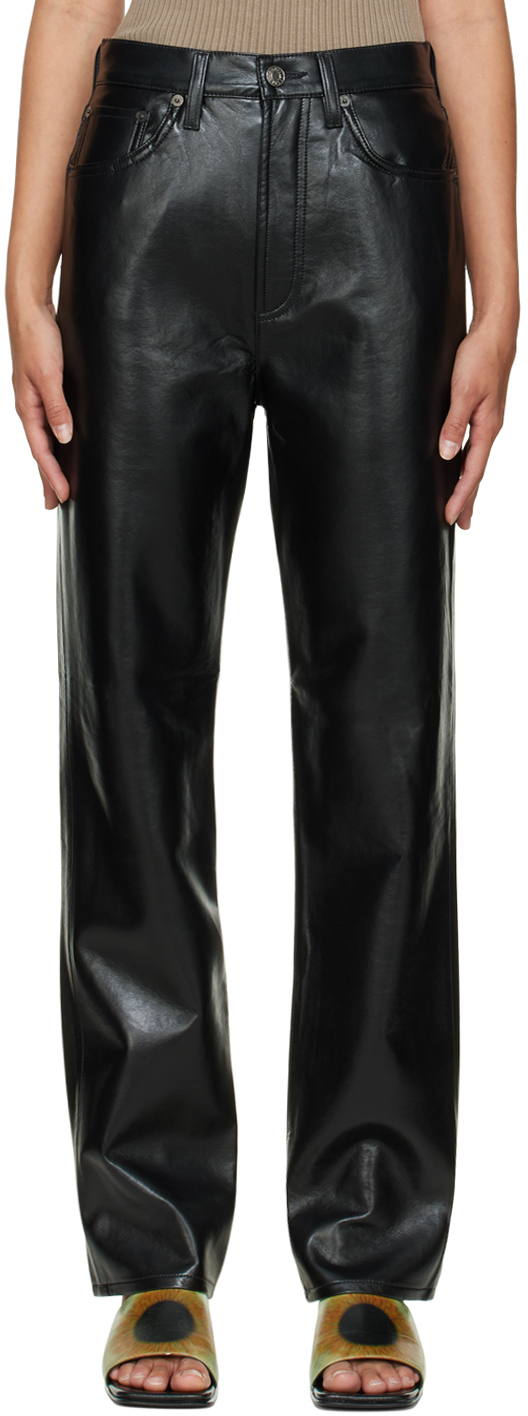 Black Recycled Leather 90s Pinch Waist Trousers