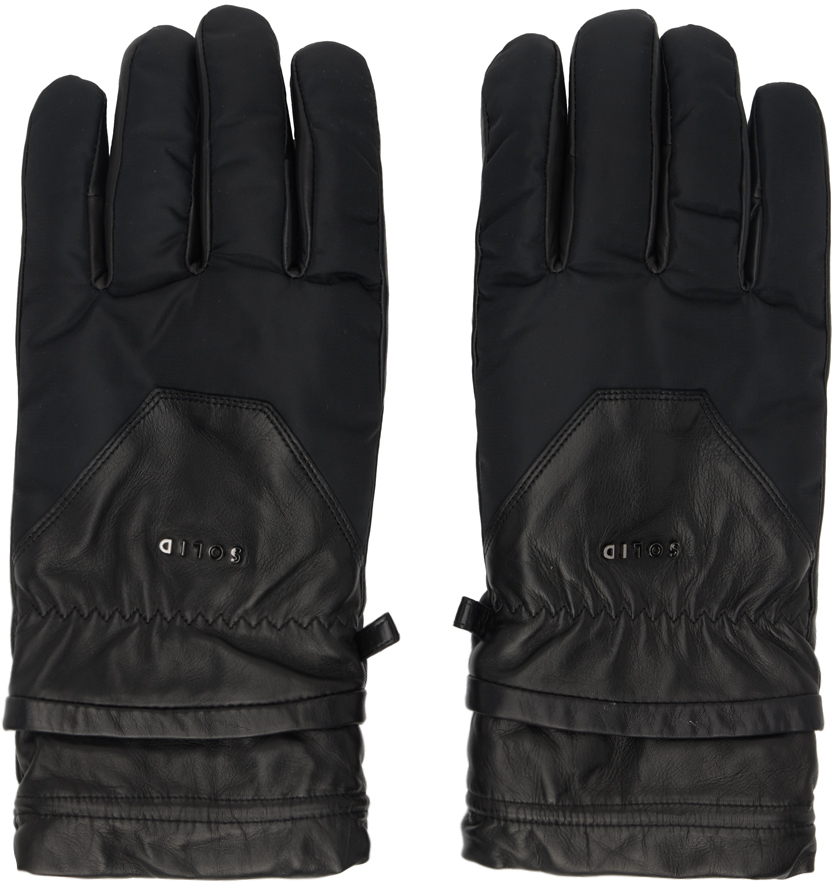 Black Paneled Leather Gloves by Solid Homme on Sale