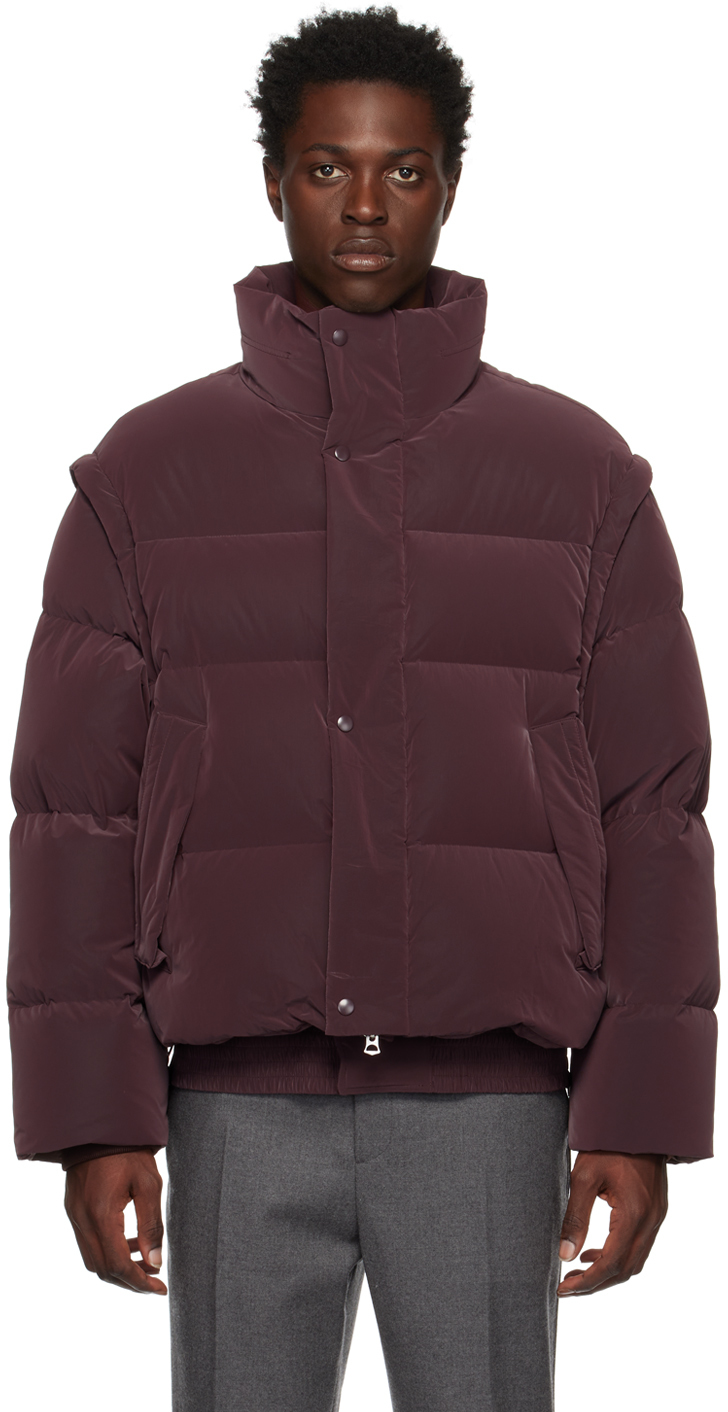Solid Homme: Burgundy Detachable Sleeves Down Jacket | SSENSE Canada