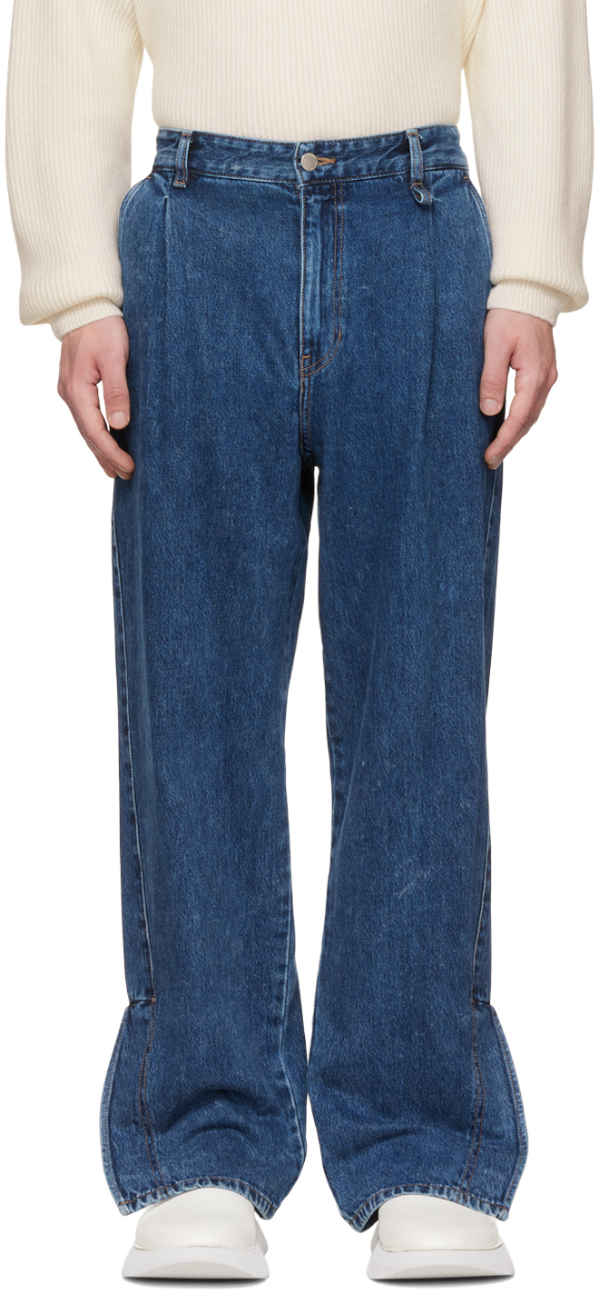 Blue Pleated Jeans by Solid Homme on Sale