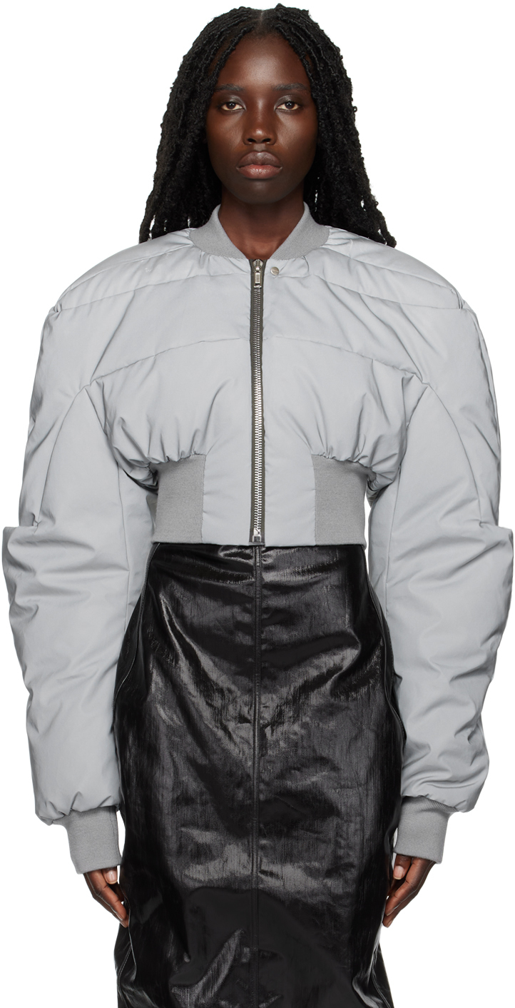 Gray Girdered Cropped Down Bomber Jacket