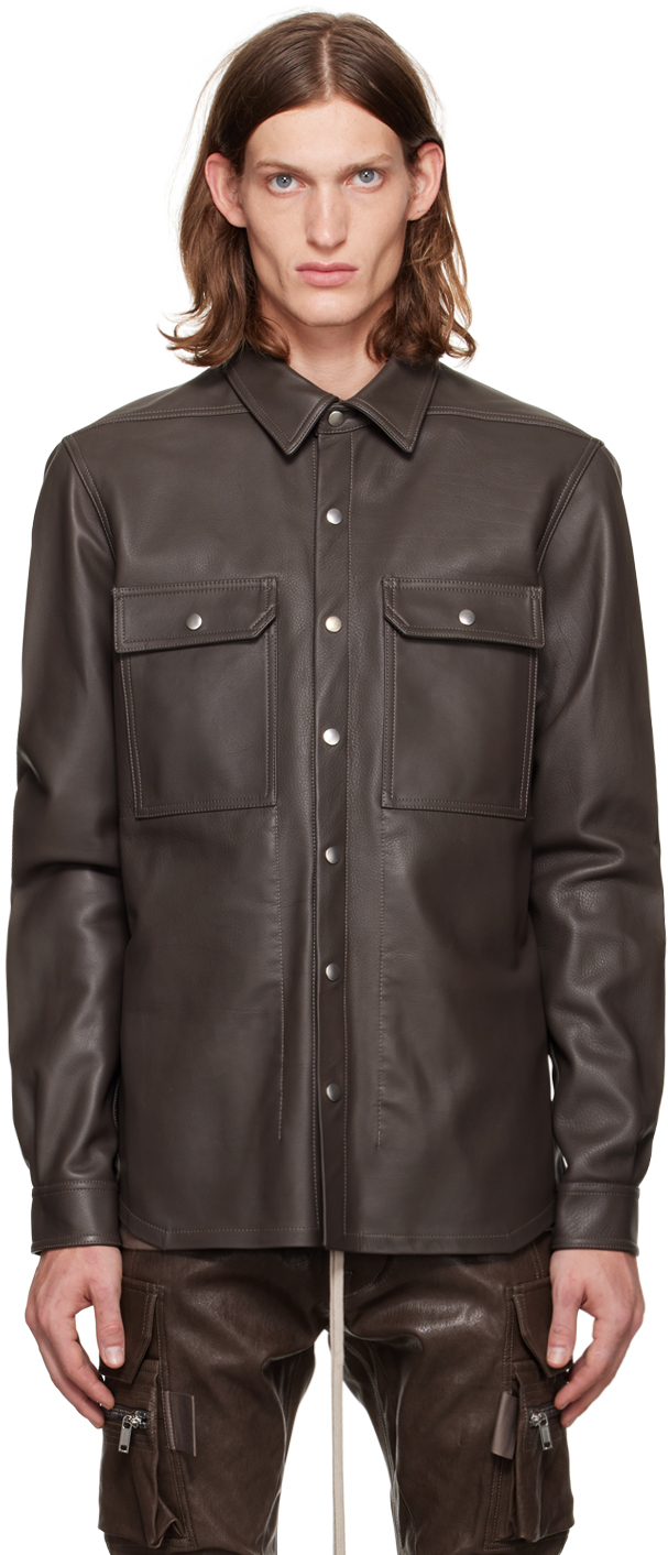 Rick Owens: Gray Button Up Leather Jacket | SSENSE Canada