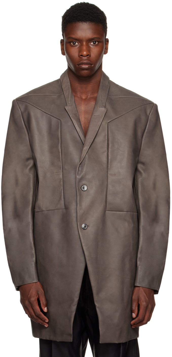 Rick Owens: Gray Jumbo Tatlin Leather Jacket | SSENSE Canada