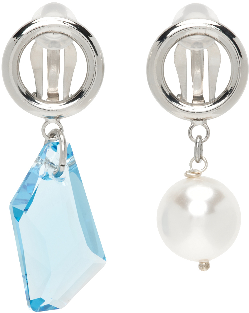 Justine Clenquet SSENSE Exclusive Silver & Blue Laura Clip-On Earrings