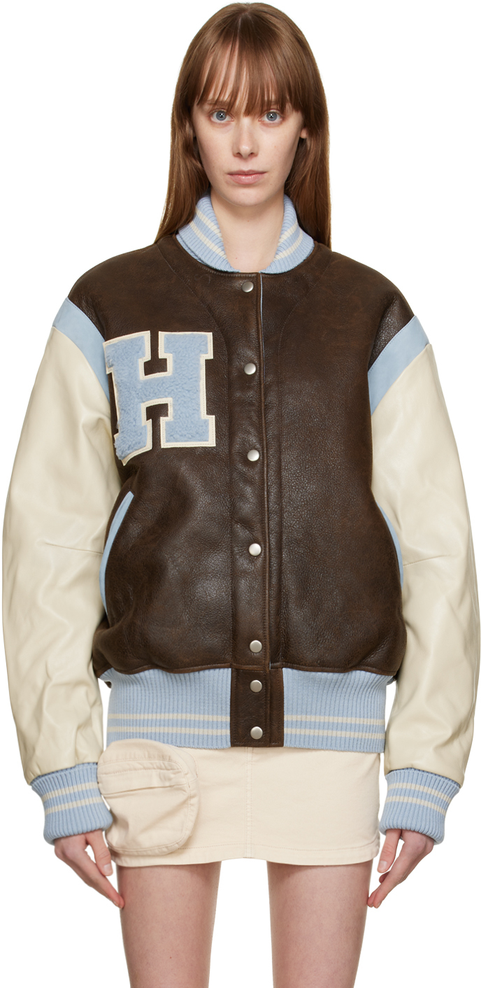 HALFBOY Brown & Beige Varsity Bomber Leather Jacket