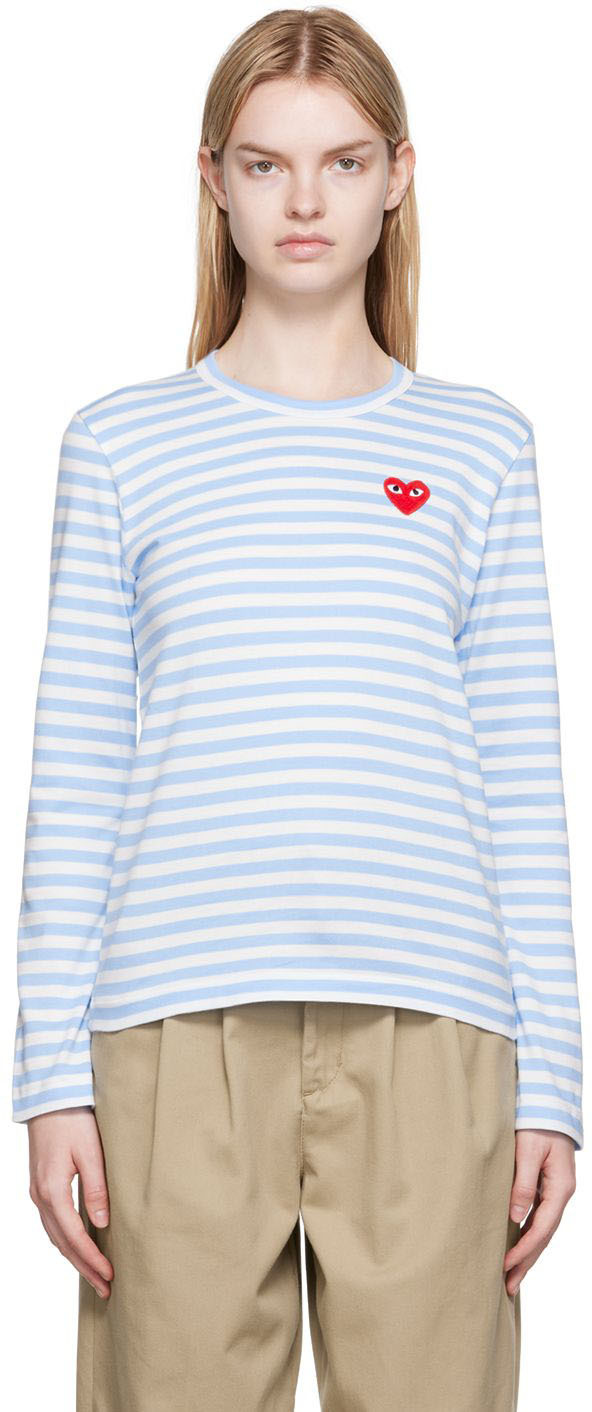 Comme des Garçons Play White & Blue Heart Patch Long Sleeve T-Shirt