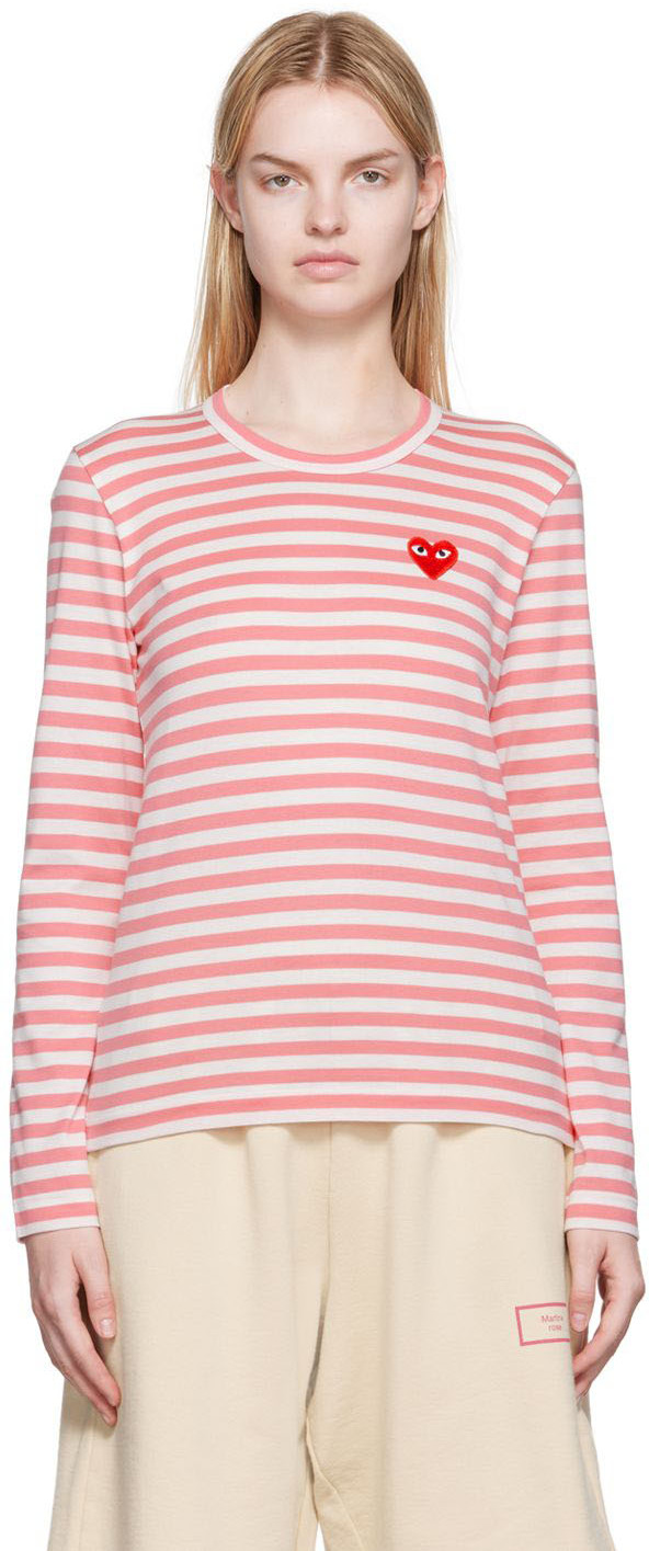 Comme des Garçons Play White & Pink Heart Patch Long Sleeve T-Shirt