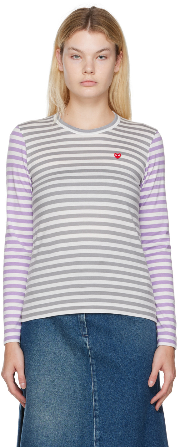 COMME des GARÇONS PLAY: Gray & Purple Striped T-Shirt | SSENSE