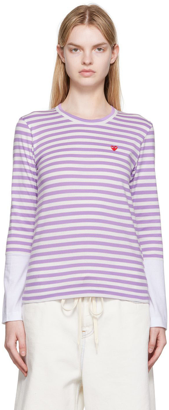 Comme des Garçons Play White & Purple Small Heart Patch Long Sleeve T-Shirt