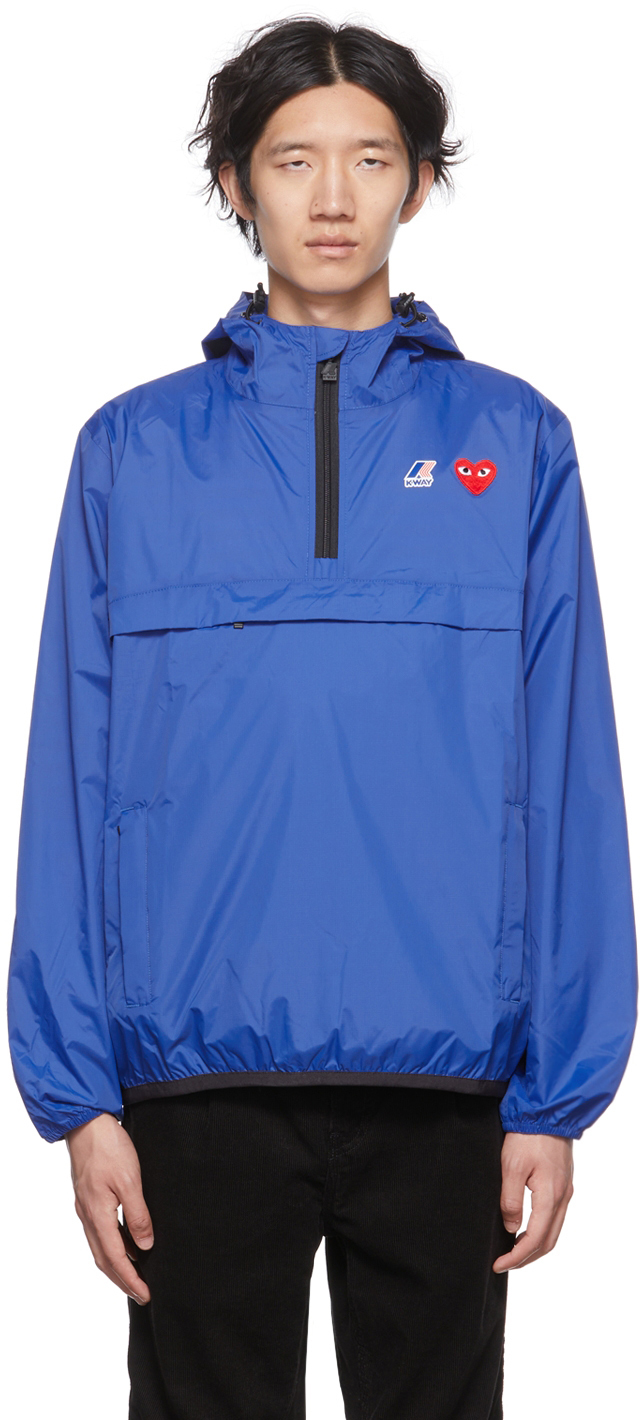 コムデギャルソンプレイ　K-Wayエディション ブルー ナイロン ジャケット胸と背面にロゴプリント