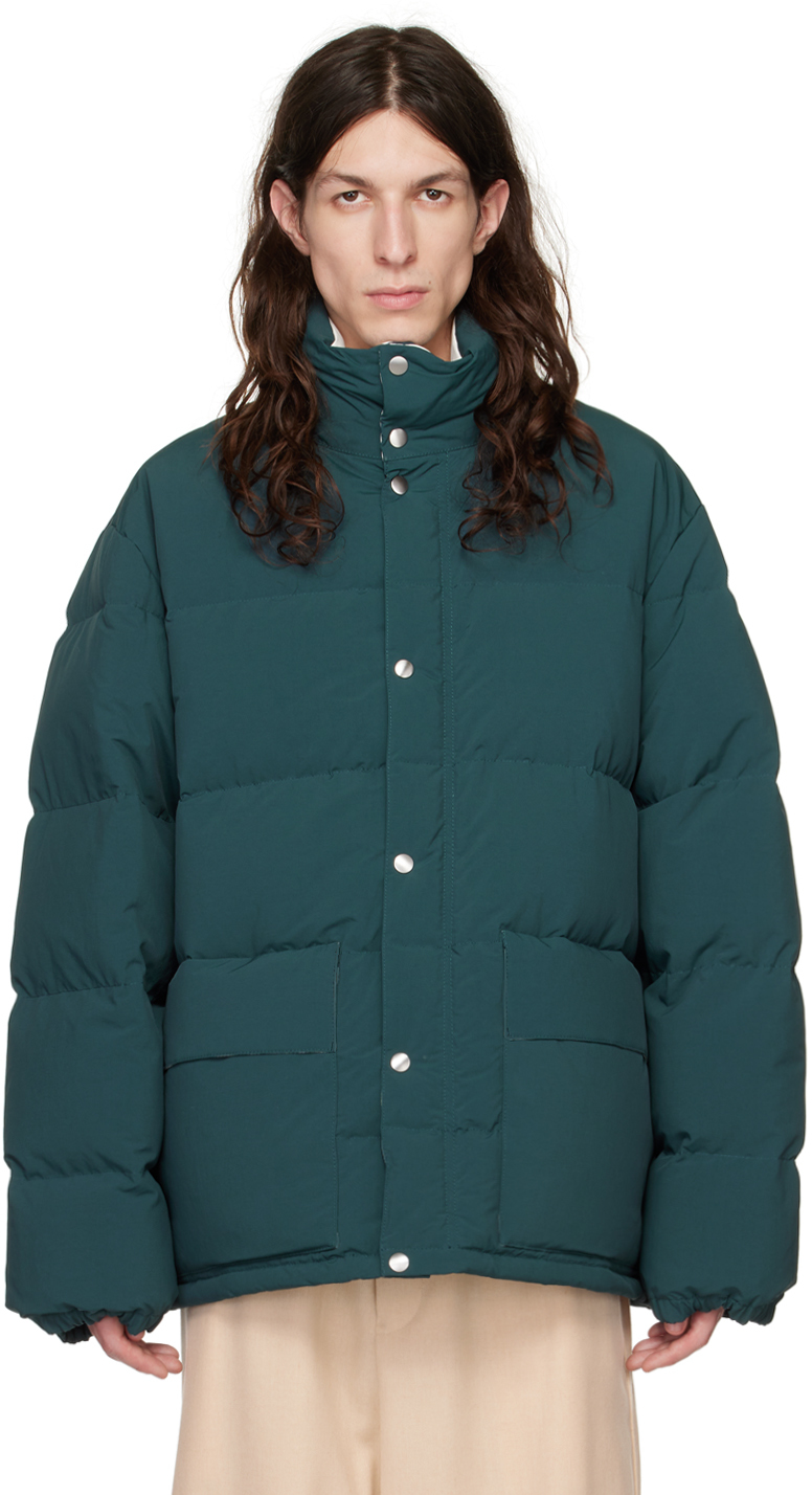 Jil Sander: Green Funnel Neck Down Jacket | SSENSE UK