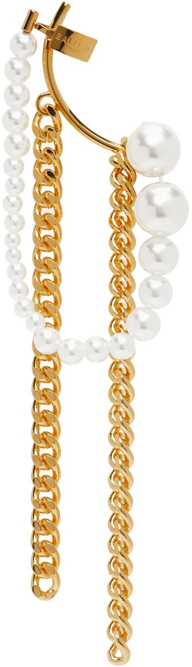 Balmain Gold & White Embellished Chain Earring