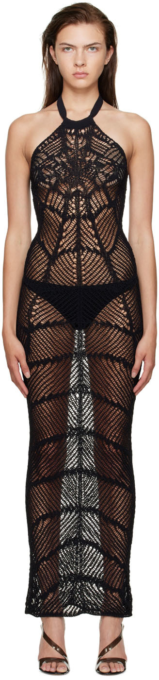 Balmain Black Crocheted Maxi Dress