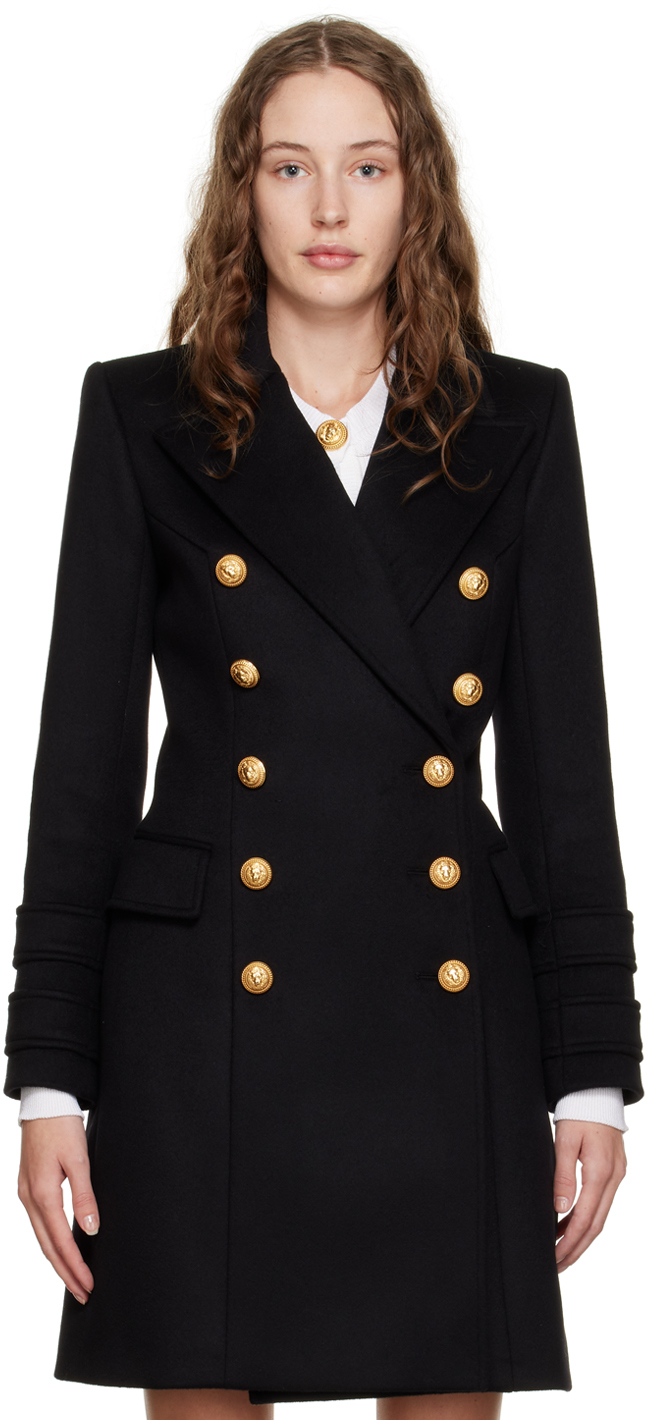 Specialitet George Eliot upassende Black Double-Breasted Coat by Balmain on Sale