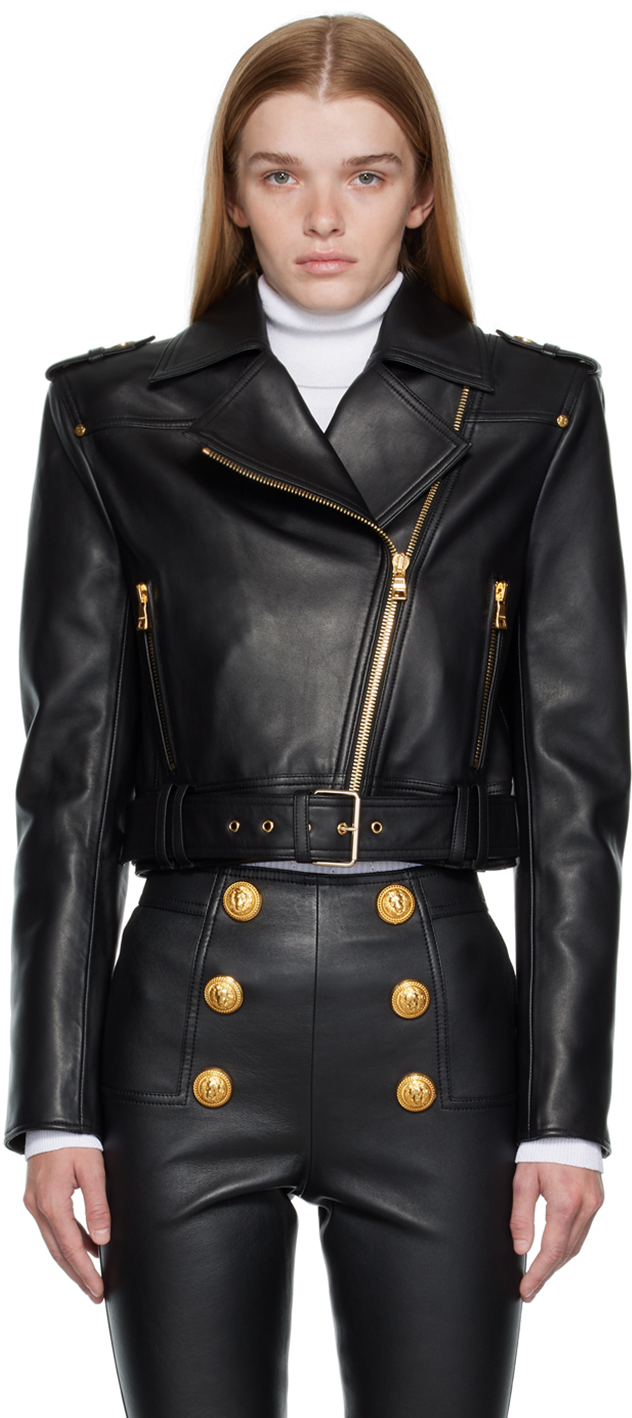Shop Balmain Black Cropped Biker Leather Jacket In 0pa Noir