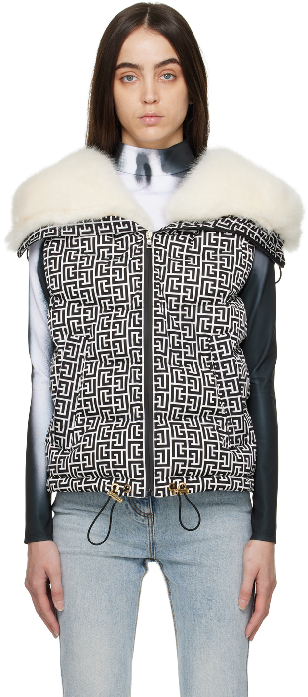 Balmain Faux Fur-trimmed Printed Quilted Padded Shell Vest In Eab Noir/blanc