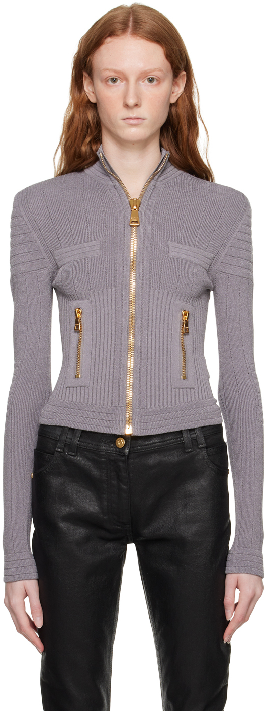 BALMAIN Ribbed Knit Zipped Bra Top in Gris, Grey. Size 34 (also in ).