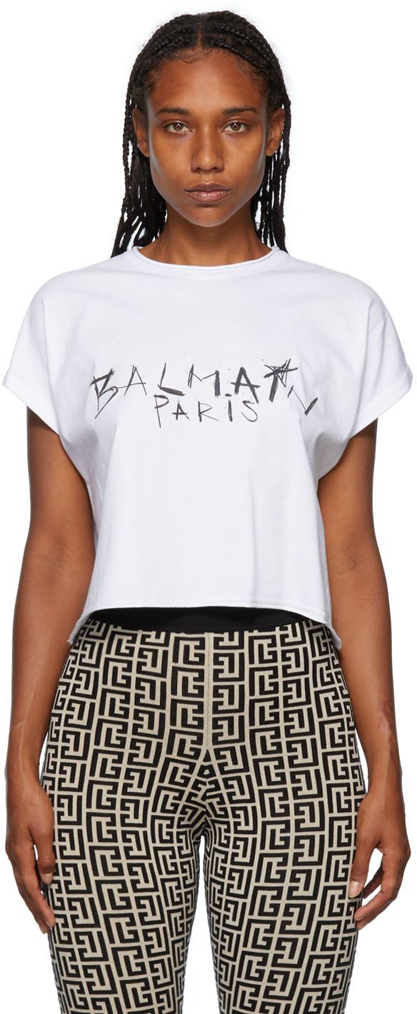 Balmain White Graffiti T-shirt In Gab Blanc/noir