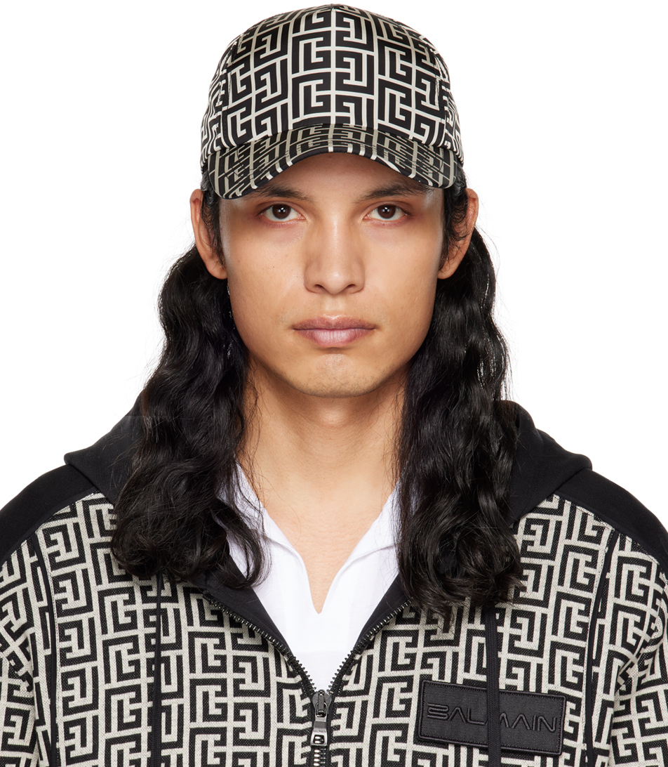 Balmain Black Monogram Cap In Gfe Ivoire/noir