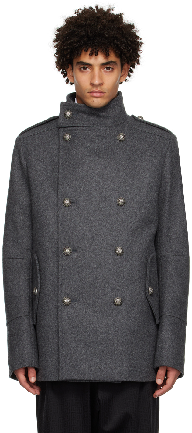 Shop Balmain Gray Officer Coat In 9pb Gris Foncé