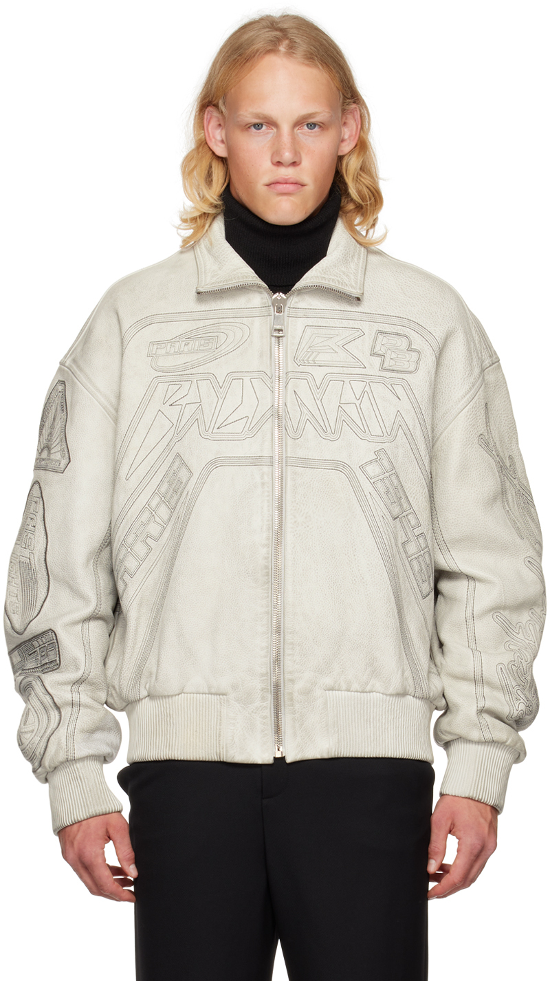 springvand parfume guide Off-White Embroidered Leather Bomber Jacket by Balmain on Sale