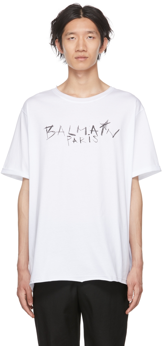 Balmain: White Graffiti T-Shirt | SSENSE