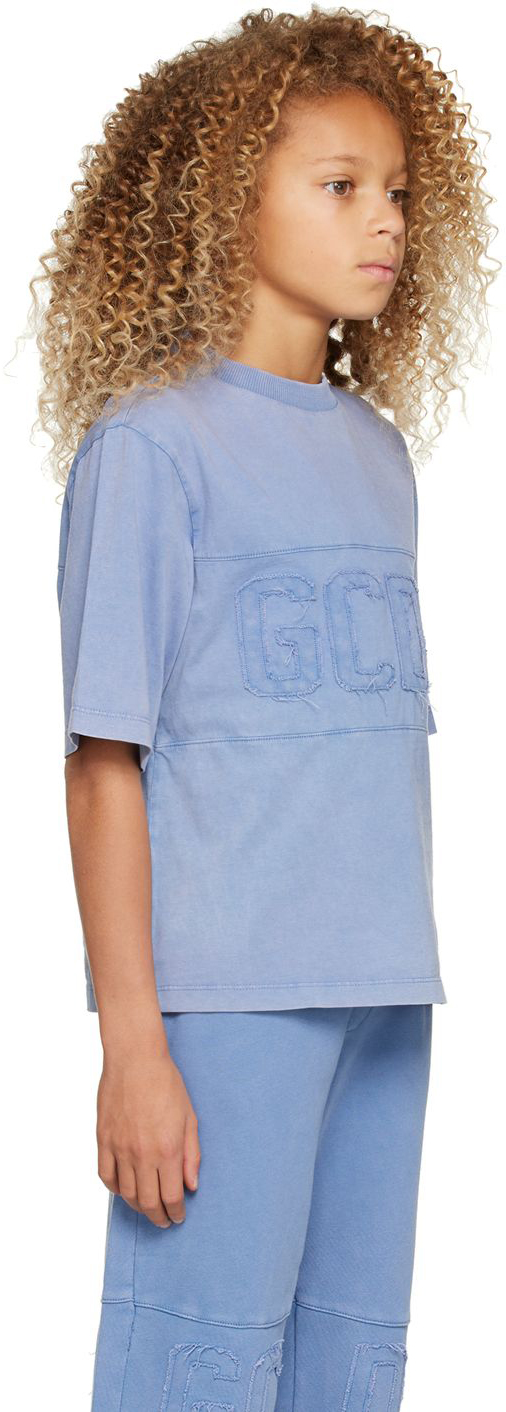Gcds Kids Blue Garment-dyed T-shirt In Wild Wind Blue