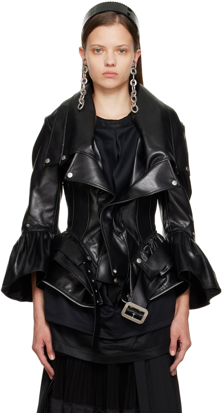 Black Peplum Biker Faux-Leather Jacket by Junya Watanabe on Sale
