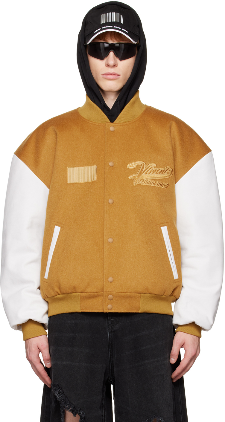 Shop Vtmnts Yellow & White College Bomber Jacket In Mustard / White