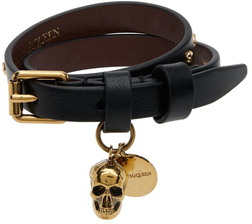 Alexander McQueen Black Double Wrap Studded Skull Bracelet