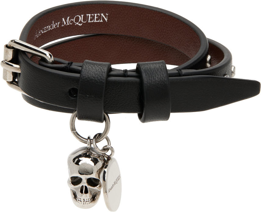 Alexander McQueen Black & Silver Double Wrap Studded Skull Bracelet