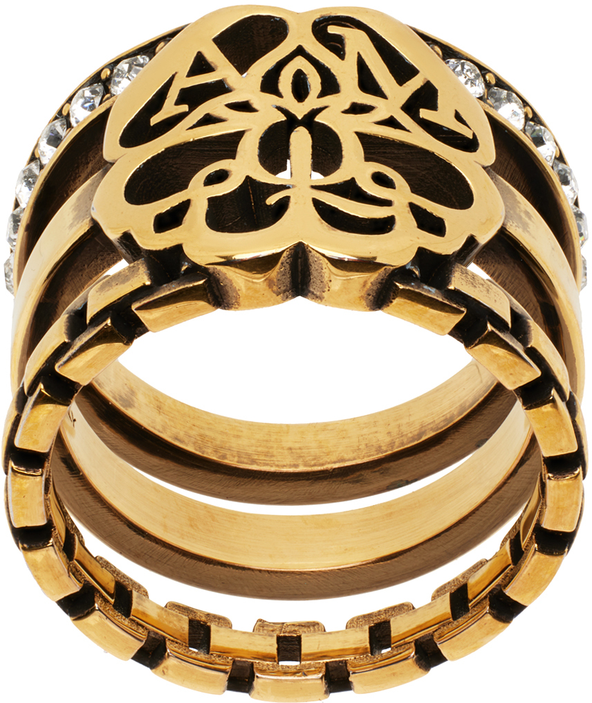 Alexander Mcqueen Gold Crystal Ring In 7114 0448 And Crysta