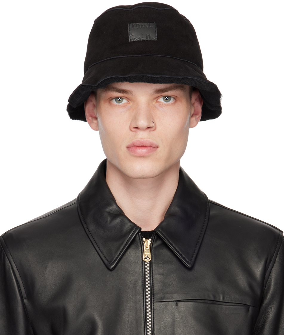 Black Paneled Shearling Bucket Hat by Paul Smith on Sale