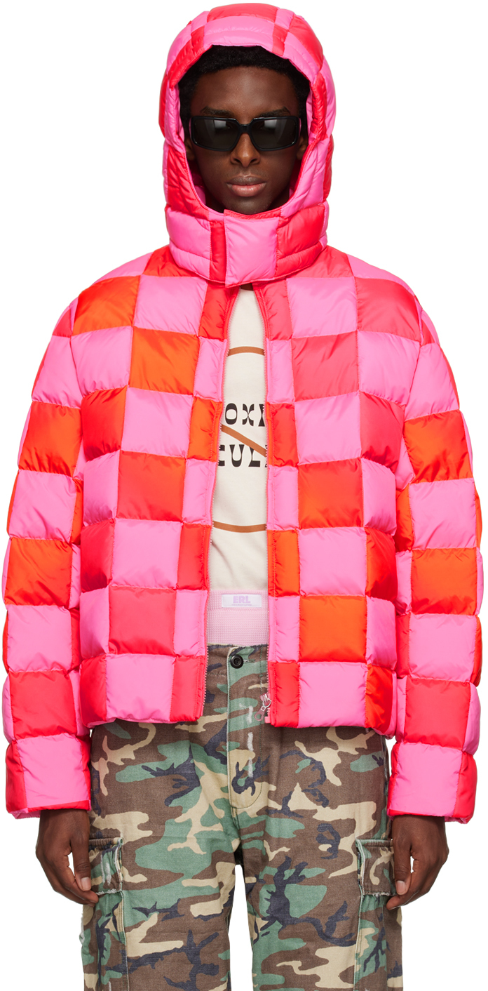 Shop Erl Pink & Red Gradient Checker Hooded Puffer Coat