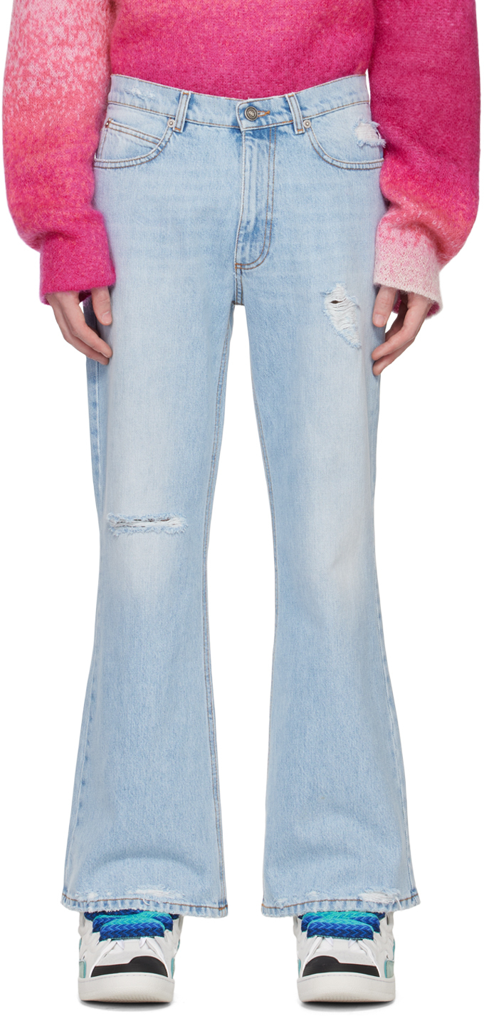 Erl Distressed Bootcut Jeans In Blue