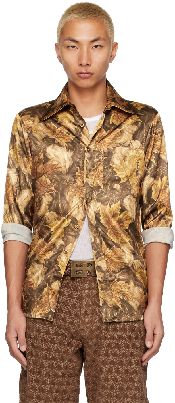 Erl All-over Leaf-print Shirt In Yellow