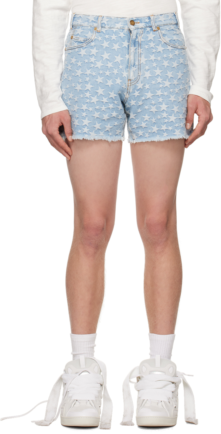 Shop Erl Blue Jacquard Denim Shorts