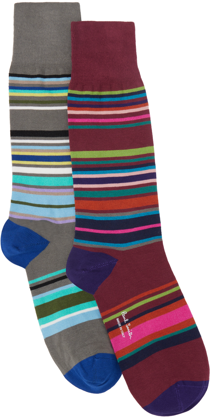 Two-Pack Gray & Burgundy Yodel Stripe Socks by Paul Smith on Sale