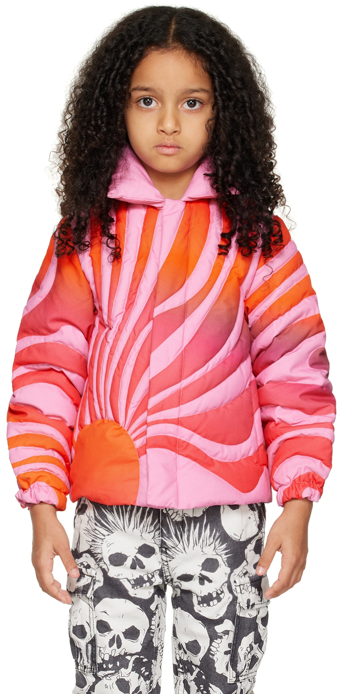 Erl Printed Cotton Down Jacket In Pink 2